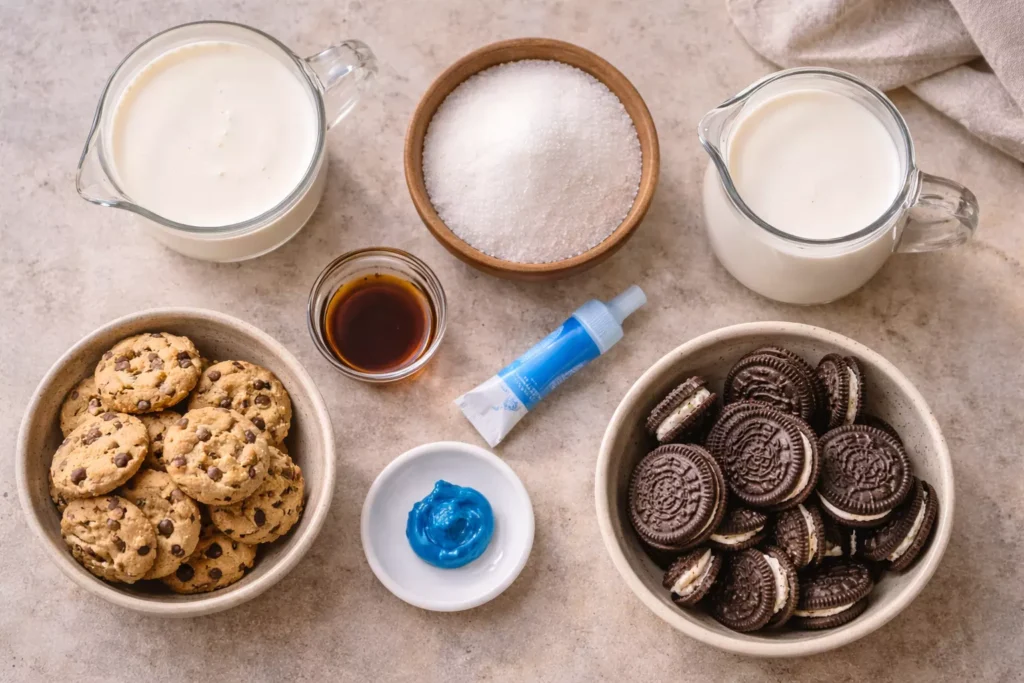 Ingredients for making cookie monster ice cream on a counter