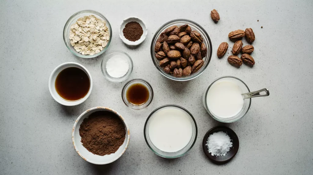 Raw ingredients for dairy soy free desserts laid out on a kitchen counter before preparation