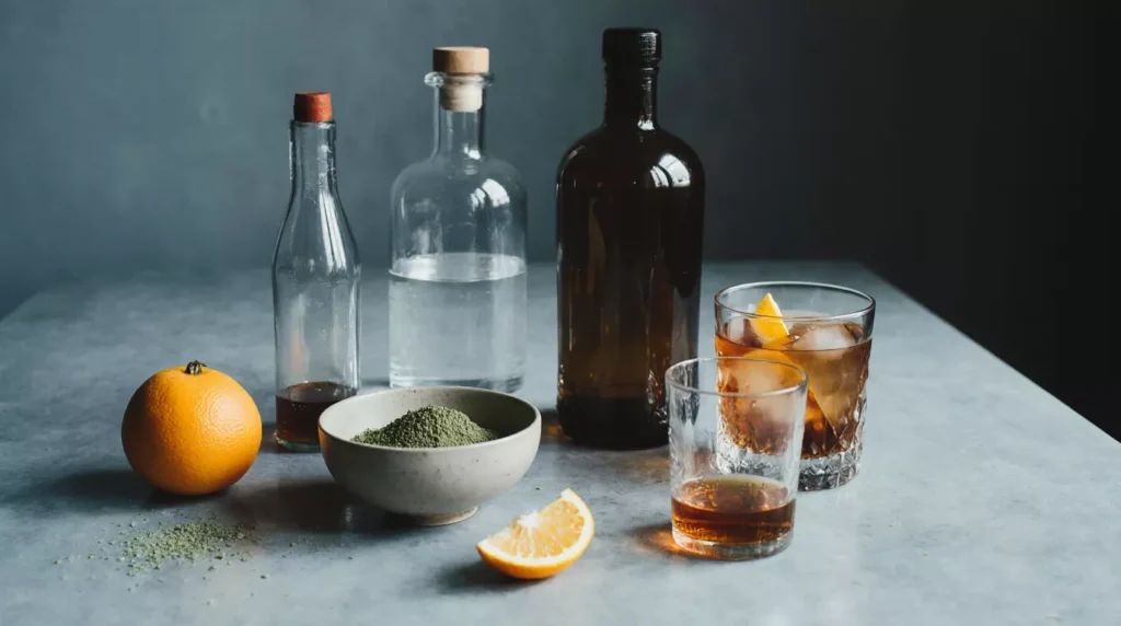 Ingredients used to make a Matcha Old Fashioned cocktail