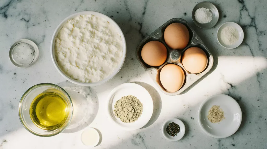 Ingredients for a 40g of protein breakfast arranged on a counter