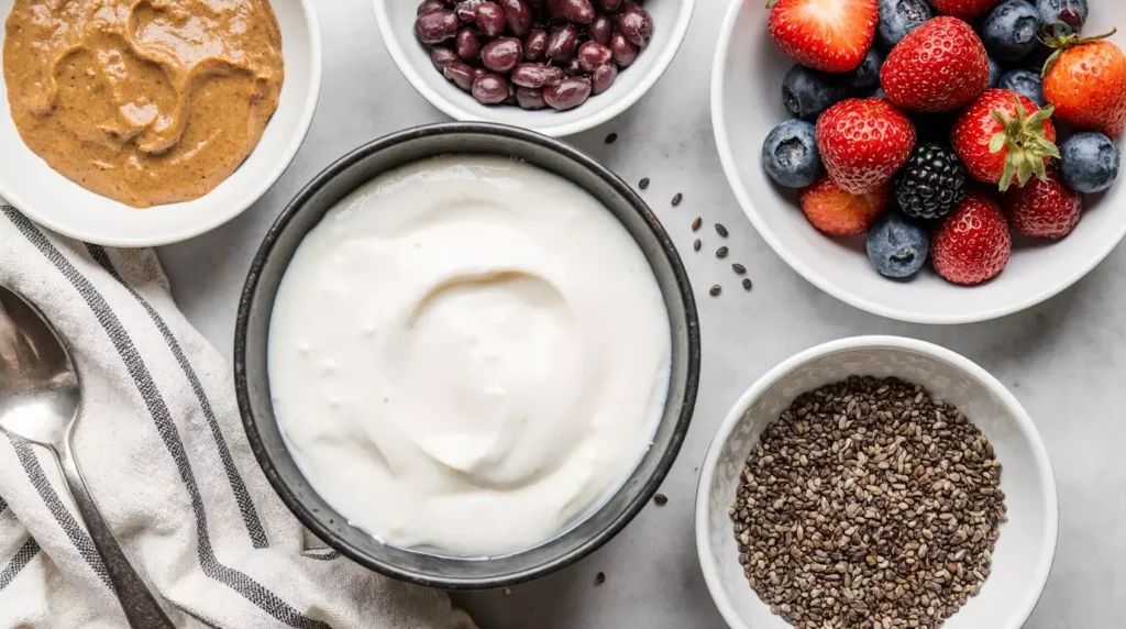 Greek yogurt, peanut butter, chia seeds, and berries on a counter