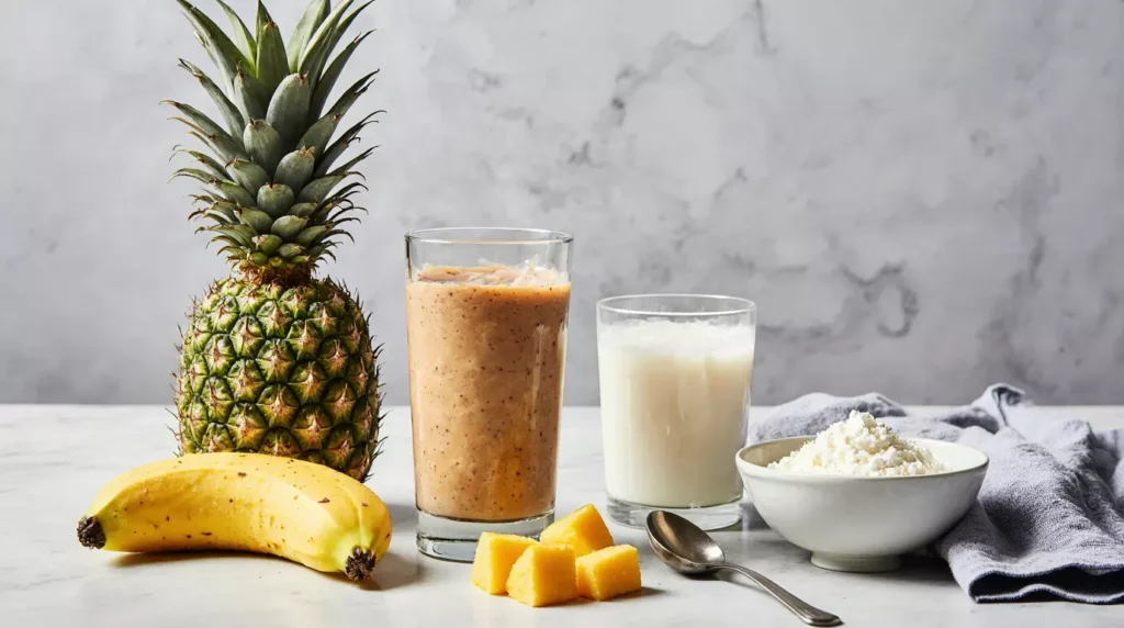 Ingredients used to make a high protein tropical smoothie
