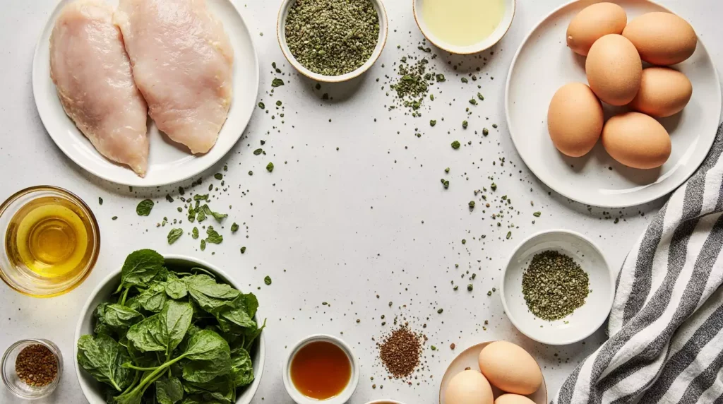 Chicken breast, eggs, olive oil, and spinach on a kitchen counter