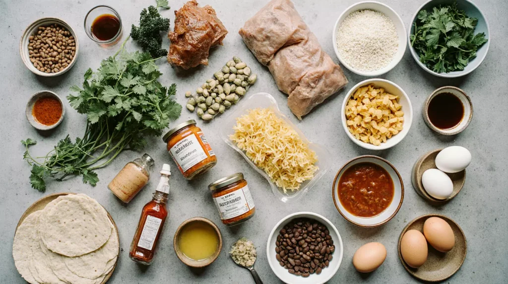 Uncooked lazy meal prep ingredients including rice, pasta, eggs, frozen vegetables, and canned beans