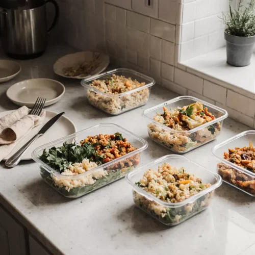 Simple lazy meal prep containers with rice bowls, pasta salad, and vegetables on a kitchen counter