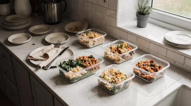 Simple lazy meal prep containers with rice bowls, pasta salad, and vegetables on a kitchen counter