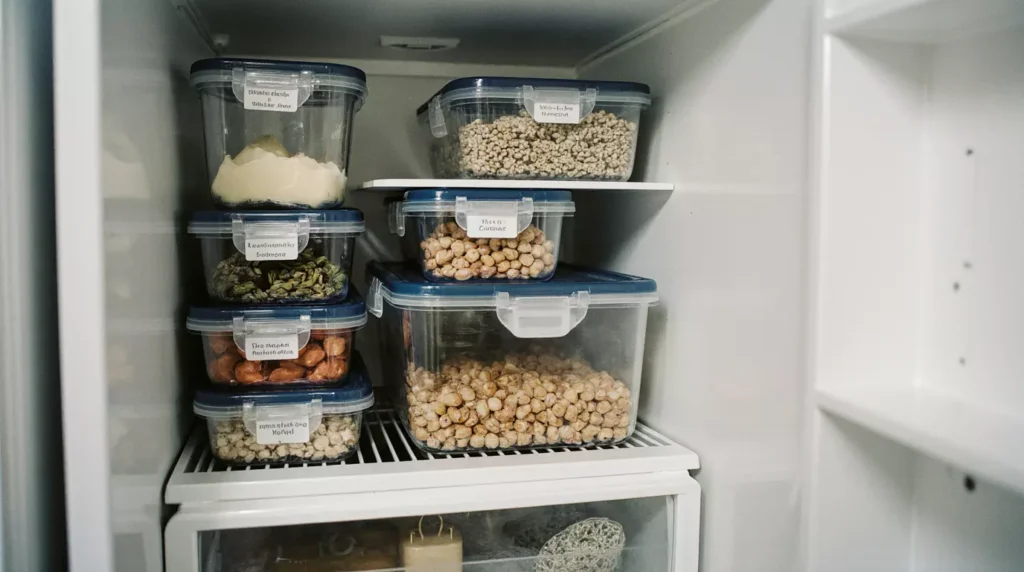 Glass meal prep containers with lazy meals stored inside a home refrigerator