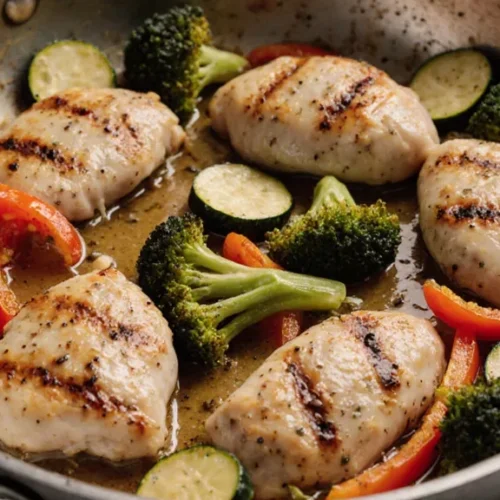 Chicken and vegetables cooking together in a skillet