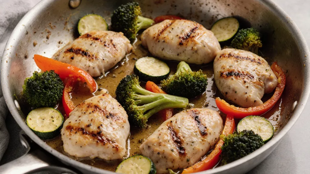 Chicken and vegetables cooking together in a skillet