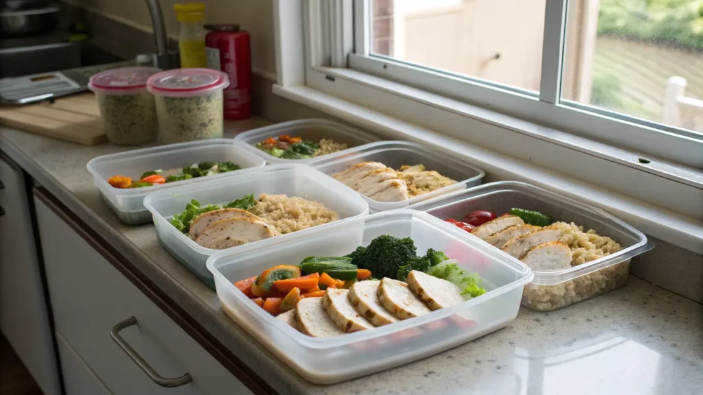 Meal prep containers filled with high protein lunches