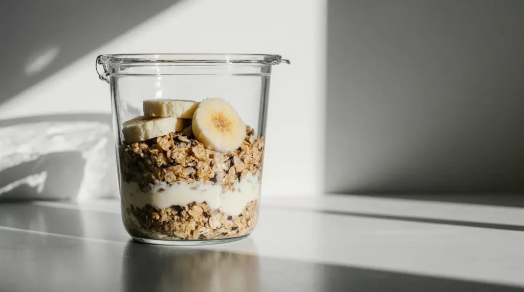 Microwave breakfast meal prep oats with banana slices in a glass container on a kitchen counter