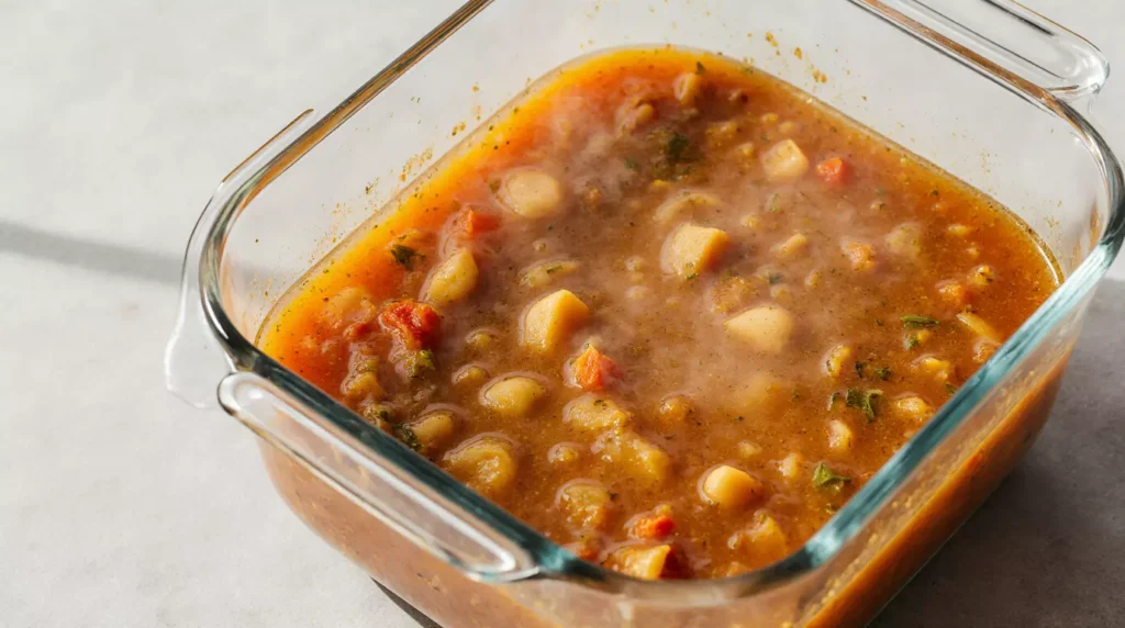 Microwave meal prep soup in a glass container with thick vegetable texture