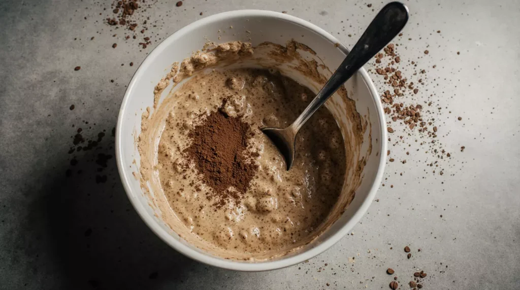 Partially mixed dairy soy free dessert ingredients in a bowl on a kitchen counter