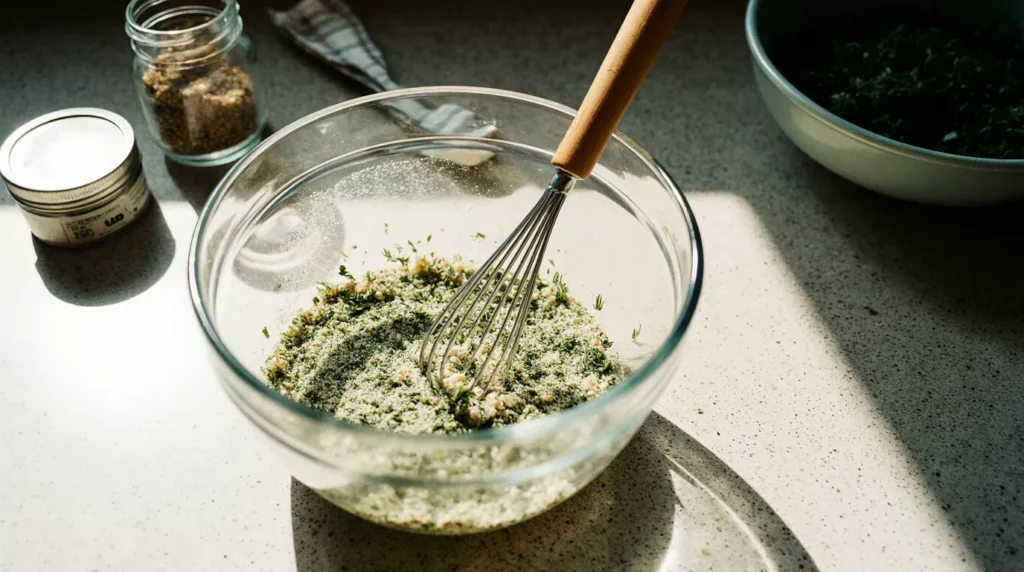 Glass bowl of dill pickle seasoning being mixed with a small whisk on a kitchen counter.
