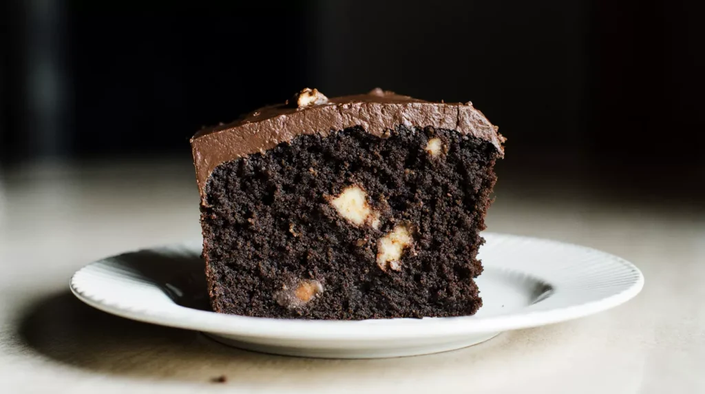 Close-up of chocolate cake slice with Skor bar chunks inside