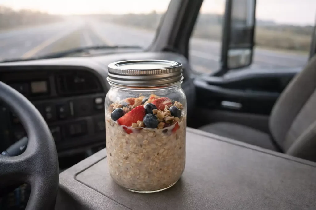Overnight oats prepared without cooking inside a truck cab