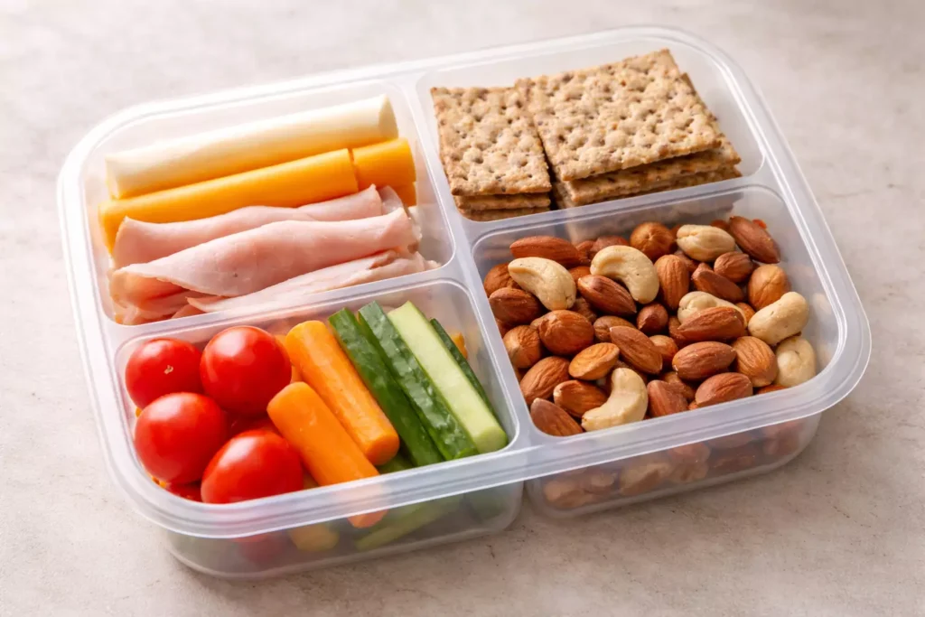 No cook high protein snack box with turkey, cheese, crackers, and vegetables