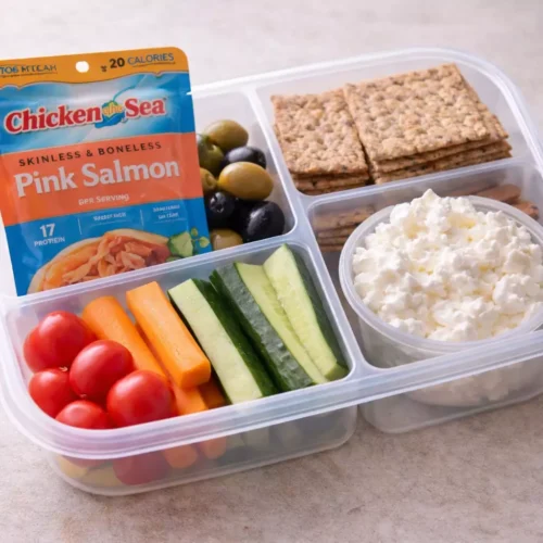 No cook snack box with salmon pouch, cottage cheese, whole-grain crackers, olives, and fresh vegetables