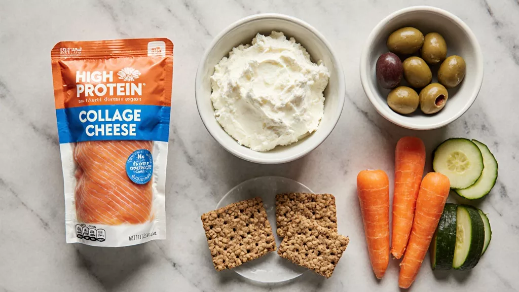 Salmon pouch cottage cheese crackers olives and vegetables on a counter