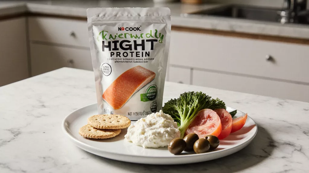 No cook salmon cottage cheese crackers and vegetable protein plate