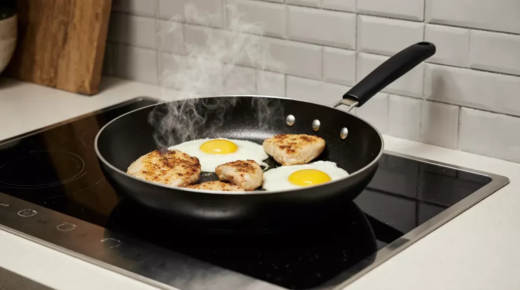 Chicken and eggs cooking together in a skillet