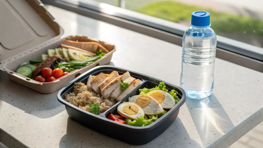 Packed high protein lunch in a container for work