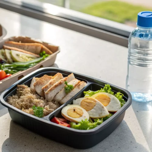 Packed high protein lunch in a container for work