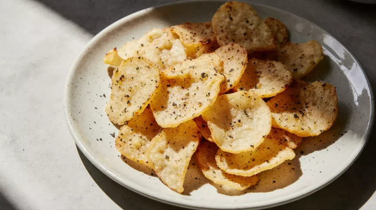 Parmesan truffle chips arranged on a plate with golden crisp texture