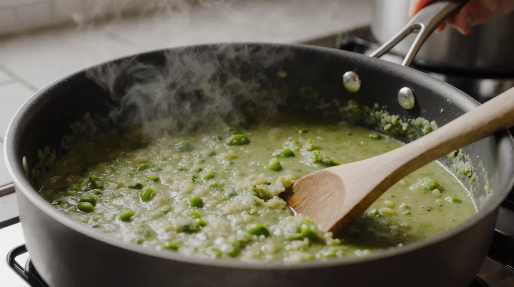 A pot of green pea risotto mid-cooking with a wooden spoon stirring the mixture.