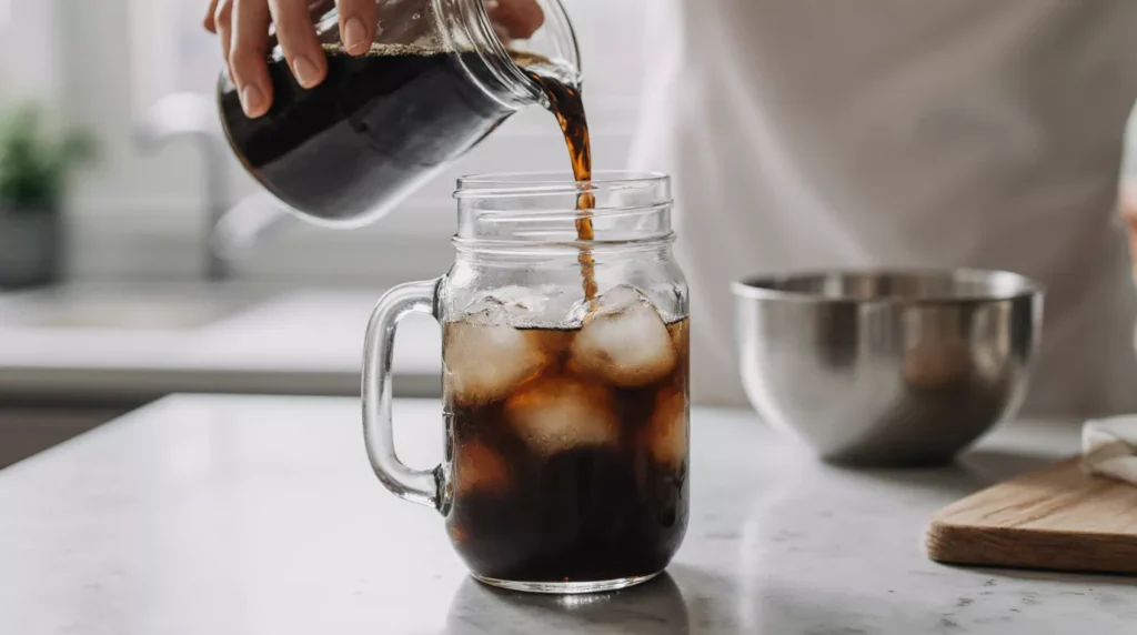 Hot espresso being poured over fresh ice inside a mason jar for a shaken espresso.