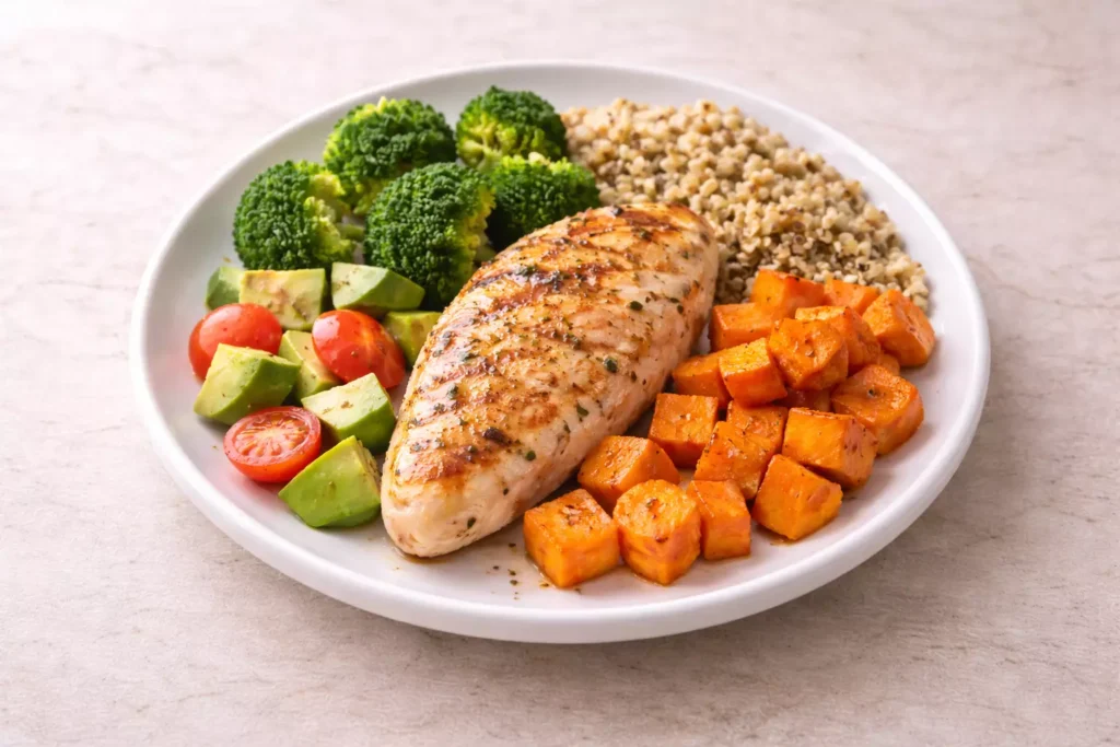 Protein-centered meal with vegetables and grains arranged around the main protein