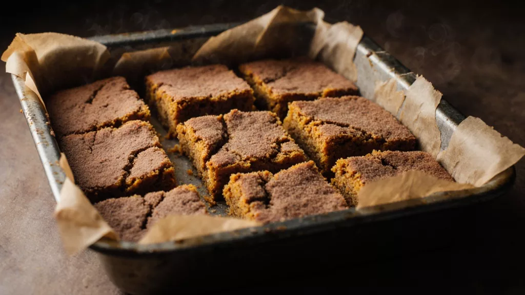Pumpkin snickerdoodle blondies cut into uneven squares in a baking pan with cinnamon sugar topping