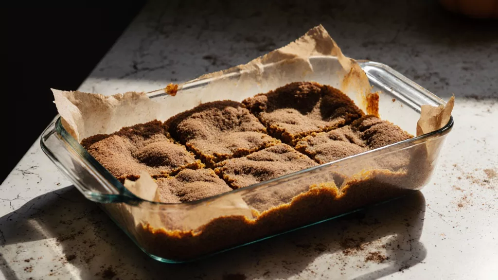 Pumpkin snickerdoodle blondies cooling in a glass baking dish on a kitchen counter