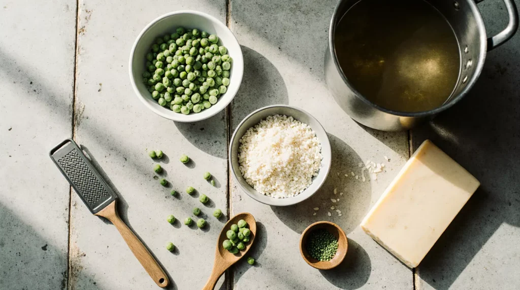 Flat lay of uncooked Arborio rice, peas, Parmesan, broth and a wooden spoon on a kitchen counter.