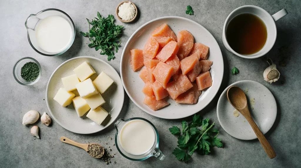 Flat lay of uncooked smoked salmon, potatoes, onion, celery and broth on a kitchen table.