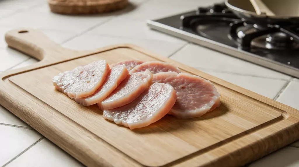 Paper-thin slices of raw tuna prepared for tuna carpaccio on a cutting board