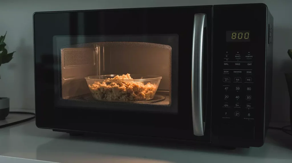 Meal prep container reheating inside a microwave in a home kitchen
