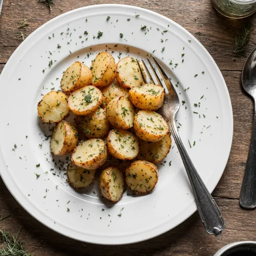 Golden roasted potatoes topped with dill pickle seasoning on a white plate.