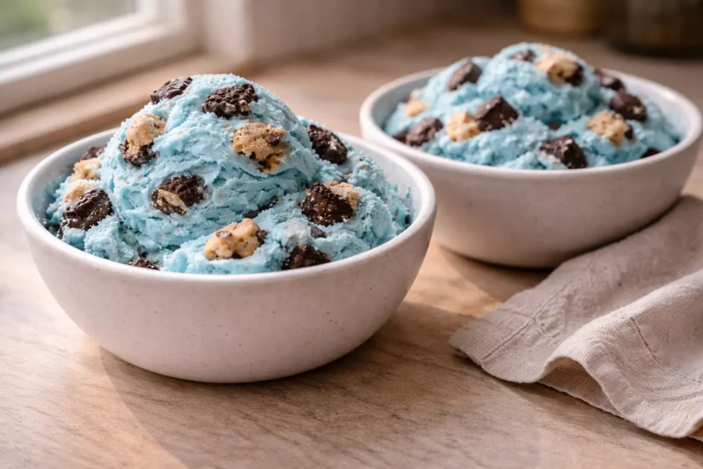 Two bowls of cookie monster ice cream served on a table