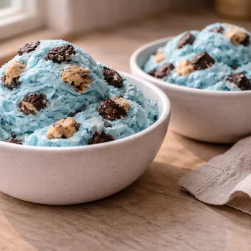 Two bowls of cookie monster ice cream served on a table