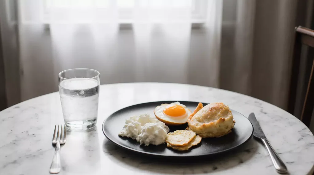 High protein breakfast setup with eggs and cottage cheese