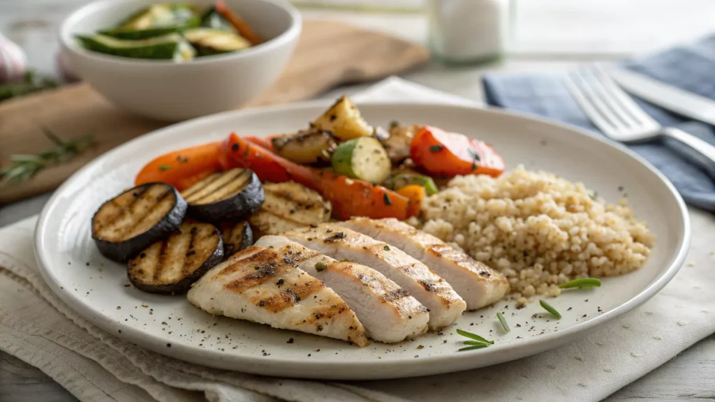 Protein focused lunch plate with chicken and vegetables