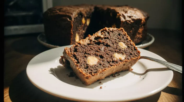 Slice of Skor bar chocolate cake showing moist chocolate crumb and toffee pieces