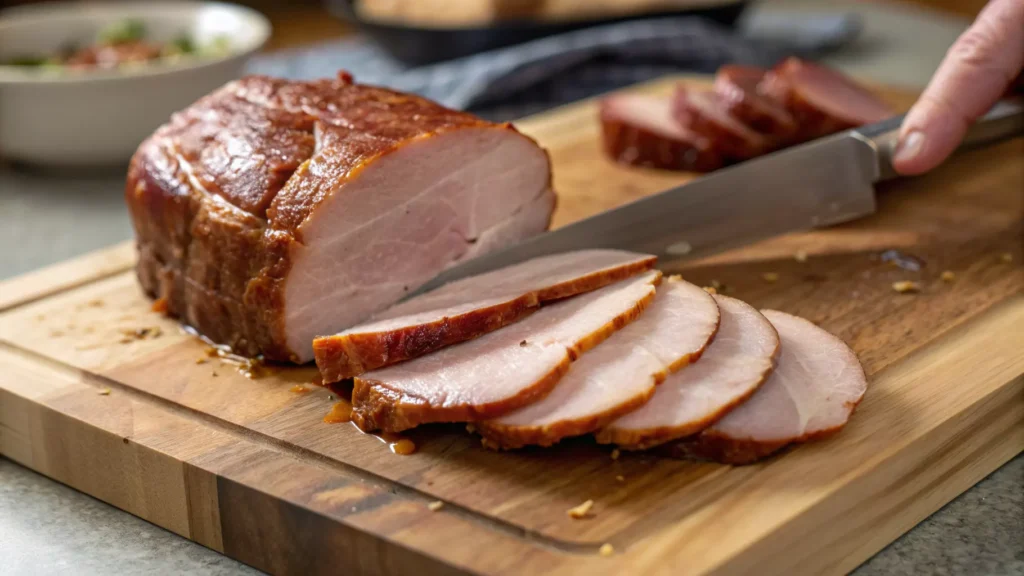 Smoked pork loin being sliced after resting