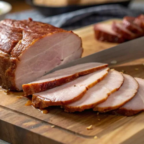 Smoked pork loin being sliced after resting