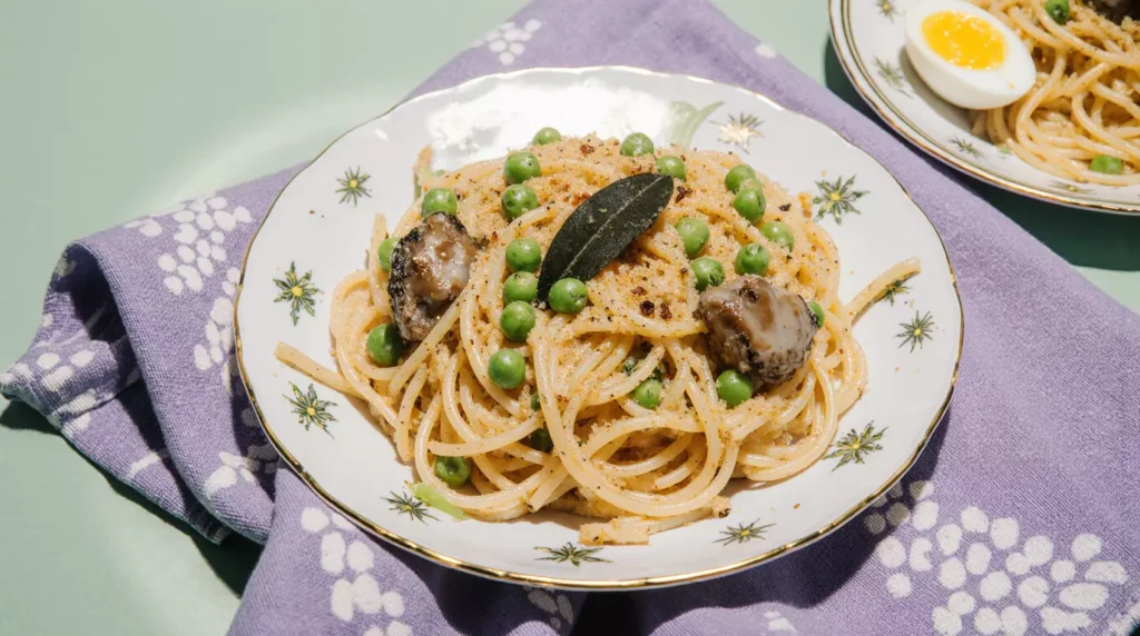 Smoked oysters tossed with pasta and peas in a simple main course