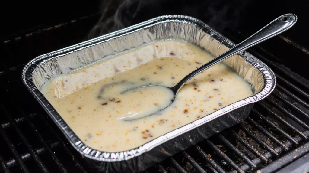 Partially melted smoked queso recipe in an aluminum pan inside a smoker