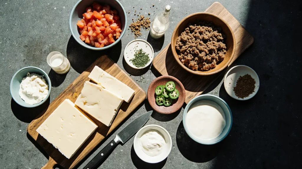 Cubed cheese, meat, tomatoes and spices prepared for a smoked queso recipe.