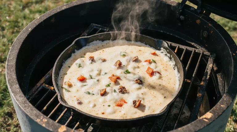 Creamy smoked queso recipe melted in a cast iron skillet inside a backyard smoker