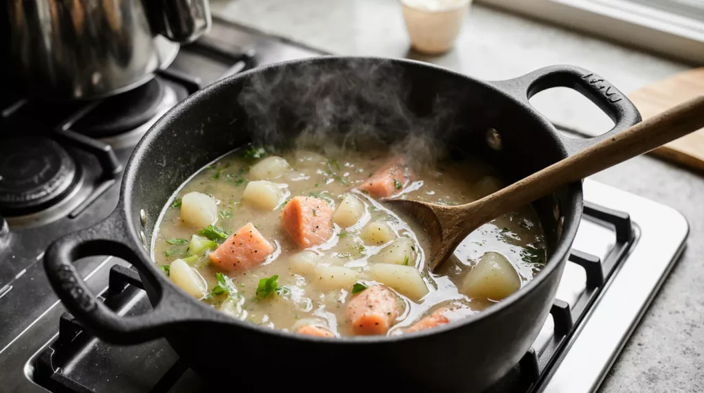 Pot of onions, celery and potatoes simmering in broth on a home kitchen stove.